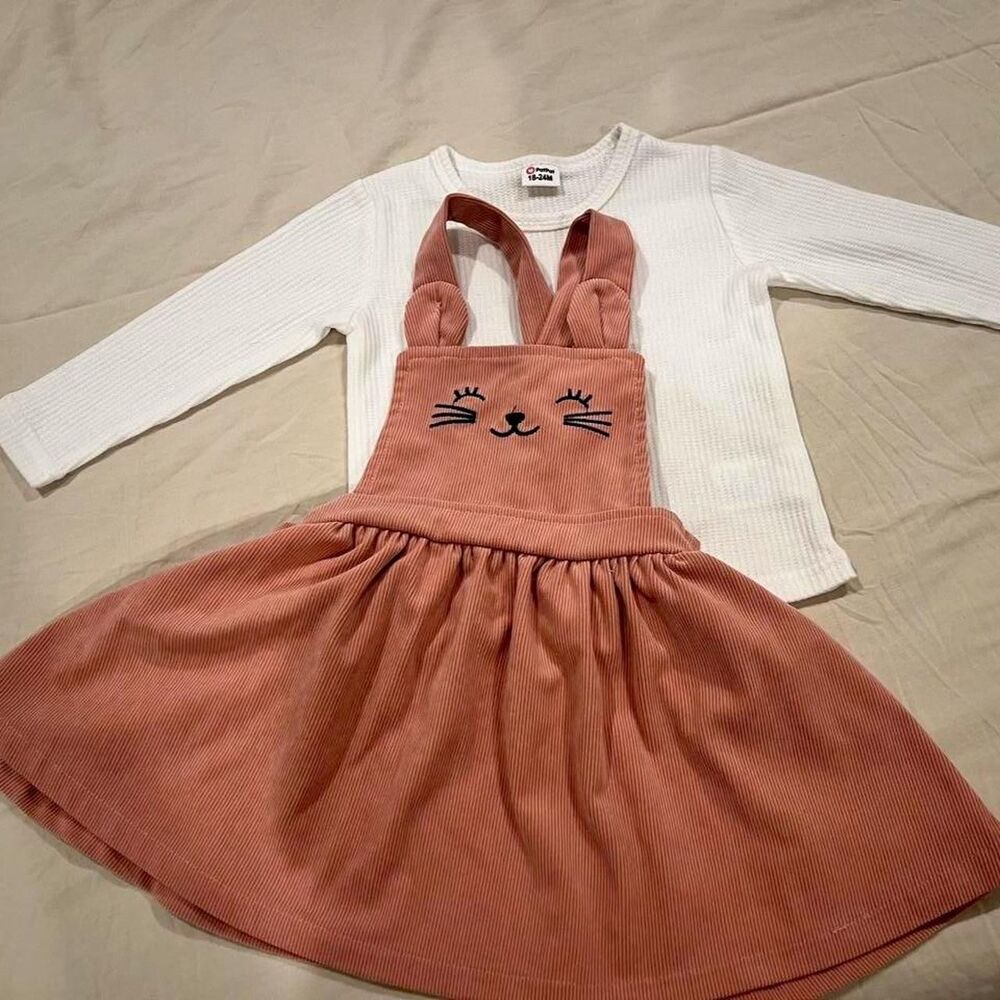 Patpat Toddler Girl 2-Piece Corduroy Long-Sleeve Dress Set -/Peach/White 18-24m